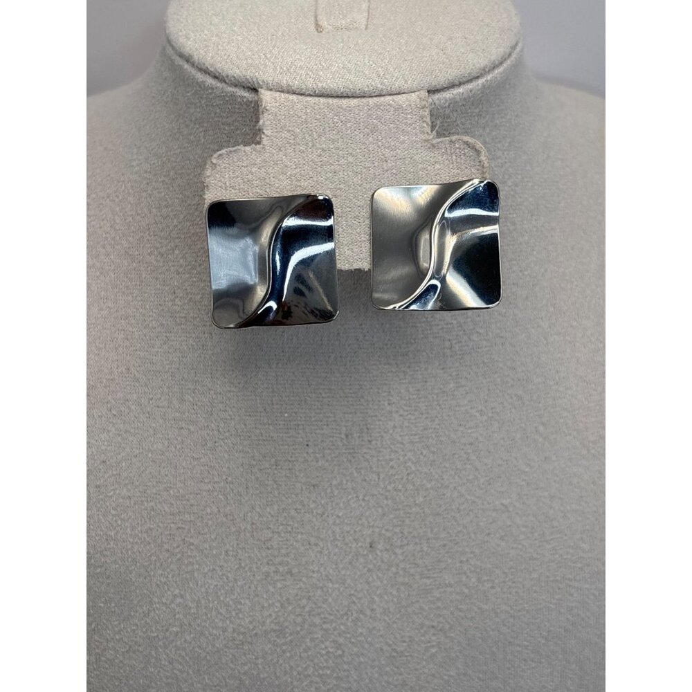 Vintage Retro Modernist Silver Tone Square Wave Earrings Pierced Post